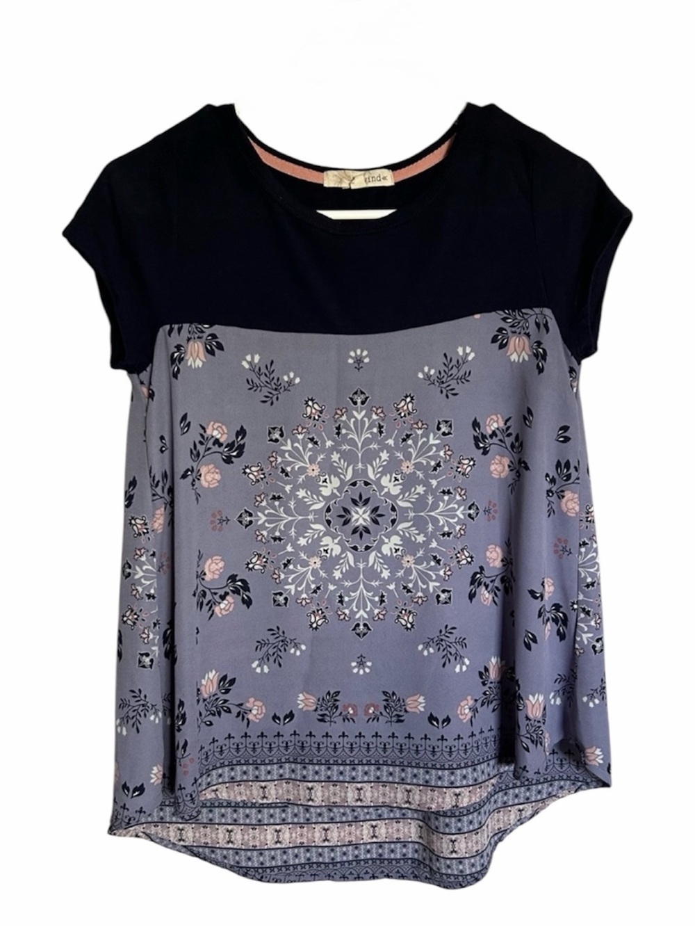 Rewind Juniors Navy Blue Floral Short Sleeve Flowy Top Size XS